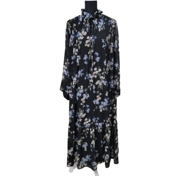 H&M Size S Ruffled Floral Chiffon Maxi Dress, Blue with Floral Pattern, NEW - Picture 2 of 16